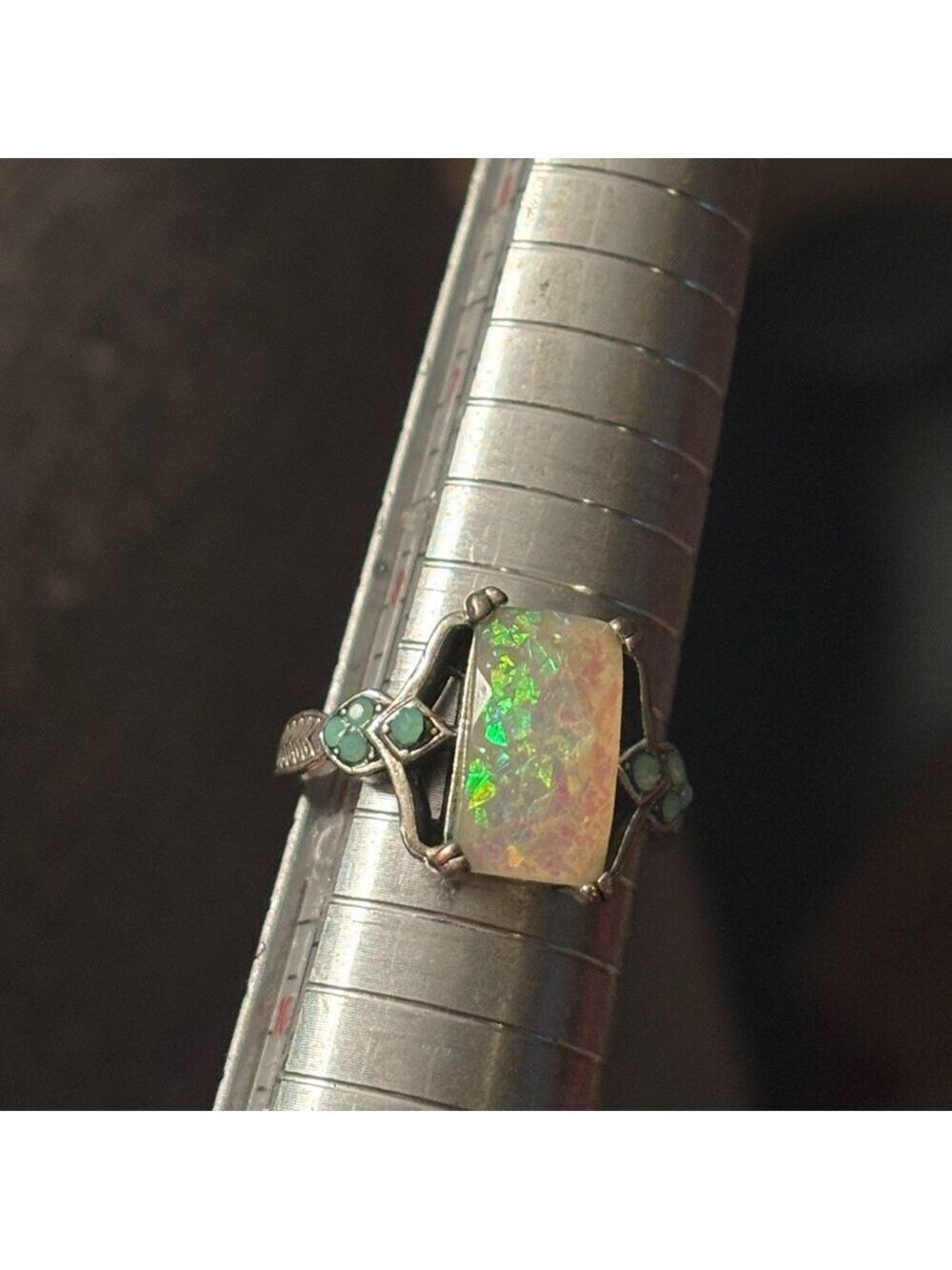 Vintage Style Faux Opal Ring Turquoise Blue Accents Feather Band Size 9 Boho